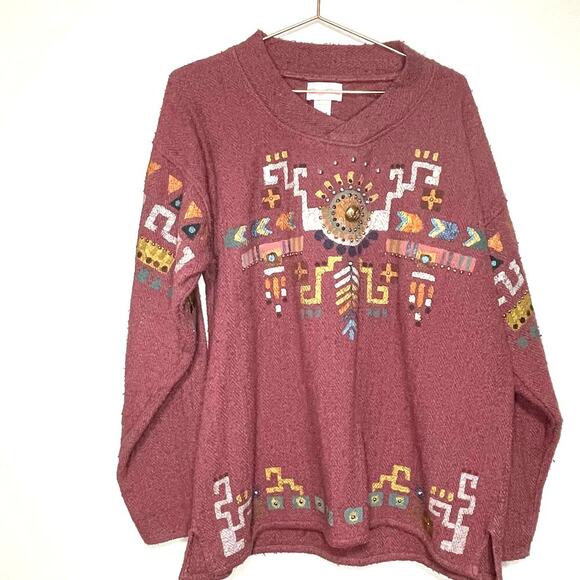 Handmade Aztec Painted Dusty Rose V-Neck Long Sleeve Sweater size Large - Picture 1 of 6